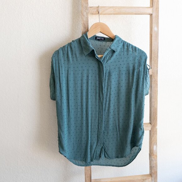 Express Oversized XS Swiss Dot Blue Green Tie Shoulder ButtonUp Short Sleeve Top - Picture 2 of 8